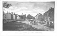 SA1324.14 - Photograph looking north, showing a general view of buildings, horses, and buggies. Photo is of a woodcut illustration that is associated with the Church Family. Identified on the front.